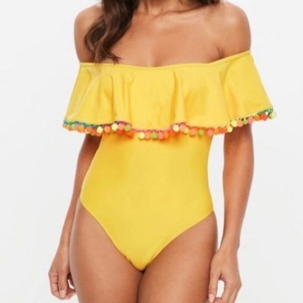 Missguided Pom Pom trim frill Bardot swimsuit
